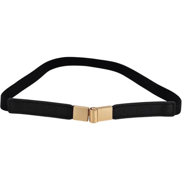 WOMEN'S BLACK LEATHER & ELASTIC BELT W/ GOLD SLOT CLIP BUCKLE – ONE SIZE - Picture 1 of 8